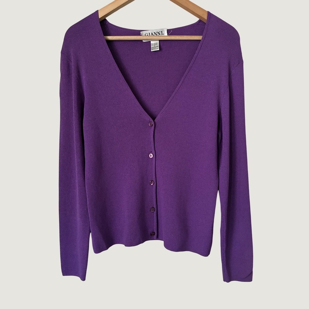 Gianni‎ Petite Purple Vintage Cardigan Sweater Long Sleeve Button Front L Retro
